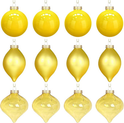 Zomiboo 12 Pcs Yellow Glass Christmas Ball Ornaments Set 3.15" Hanging Shatterproof Glass Bulbs for Christmas Tree Baubles Bulk for Holiday Xmas Tree Decorations Gifts