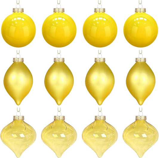 Zomiboo 12 Pcs Yellow Glass Christmas Ball Ornaments Set 3.15" Hanging Shatterproof Glass Bulbs for Christmas Tree Baubles Bulk for Holiday Xmas Tree Decorations Gifts