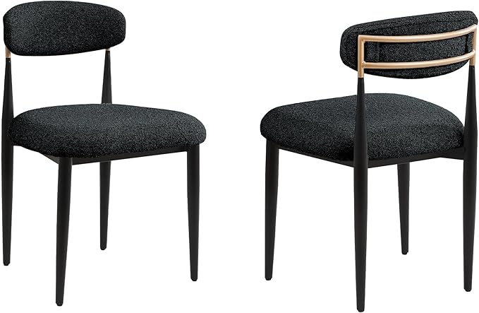 Morden Fort Black Dining Chairs Set of 2, Boucle Chairs with Curved Backrest and Straight Metal Legs for Dining Room, Kitchen, Living Room, Apartment