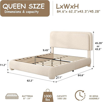 Queen Size Boucle Bed Frame, Cloud Upholstered Platform Bed with Height Adjustable Headboard & Soft Rounded Corners, No Box Spring Needed, Noise Free, Easy Assembly, Beige