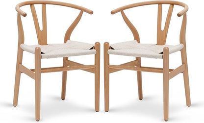 POLY & BARK Weave Dining Chairs – Mid-Century Modern Wishbone Dining Chairs with Arms, Solid Wood Frame, Indoor Use – Natural – Set of 2 - Ideal for Dining Room, Kitchen or Stylish Accent Setting