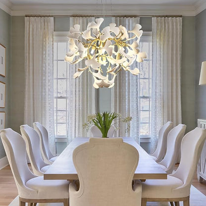 Modern 23.6'' Gold and White Ceramic Ginkgo Leaf Tree Branches Chandeliers, Dining Room Chandelier Over Table, Round Chandelier for Living Room,for Foyer, Kitchen, Bathroom, Bedroom