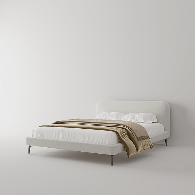 Acanva Modern Minimalist Upholstered Platform Bed Frame with Headboard, Mattress Foundation Base with Metal Slats Support, No Box Spring Needed, Non-Slip, White, Full Size
