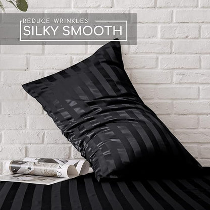 MR&HM Satin Bed Sheets, Queen Size Sheets Set, 4 Pcs Silky Bedding Set with 15 Inches Deep Pocket for Mattress (Queen, Black Striped)