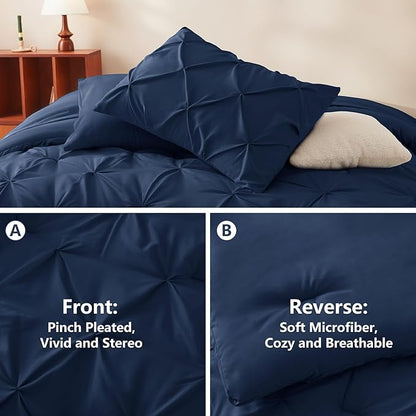 CozyLux Twin XL Comforter Set Navy Blue, 5 Pieces Twin Extra Long Pintuck Bed in A Bag for College Dorm, Pinch Pleat Bedding Set with Comforter, Sheets, Pillowcase & Sham