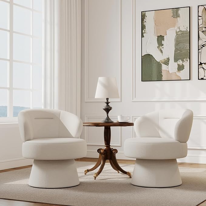 360° Swivel Accent Chairs, Modern Chenille Upholstered Boucle Dining Chair with Back, Vanity Chair Accent Armchair Side Chairs for Dining/Living Room, Bedroom, White