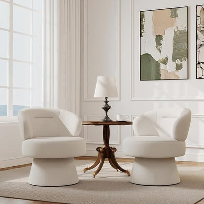 360° Swivel Accent Chairs, Modern Chenille Upholstered Boucle Dining Chair with Back, Vanity Chair Accent Armchair Side Chairs for Dining/Living Room, Bedroom, White