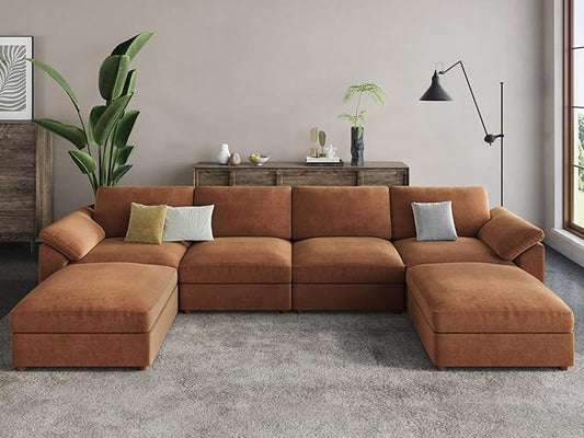 EASE MOOSE Brown Sectional Modular Sofa,Oversized U Shape Sectional Wide Deep Modular Sofa Brown Chenille