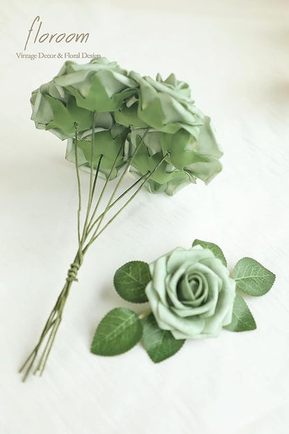 Floroom Artificial Flowers 25pcs Real Looking Elf Green Foam Fake Roses with Stems for DIY Wedding Bouquets Bridal Shower Centerpieces Sage Green Floral Arrangements Home Decorations