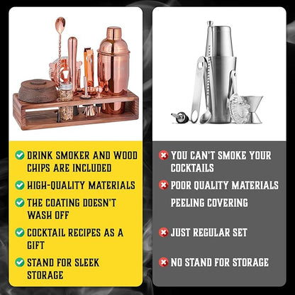 Bartender Kit with Whiskey Smoker - 13 pcs, Pine Stand - Bar Set with Cocktail Shaker, Bartending Kit with Essential Bar Accessory Tools, Wood Chips, Pink Gold