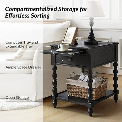 HULALA HOME Spindle Nightstands with Charging Station, Solid Wood Nightstand with Drawer Shelf, Side Table with Pull-Out Shelf (Charcoal)