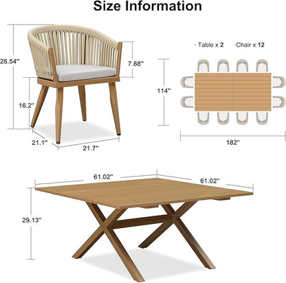 PURPLE LEAF 13 Pieces Oversized Outdoor Dining Set with Patio Aluminium Dining Table and Wicker Chairs Modern Furniture Cushions Sets for Backyard Indoor Decor Kitchen Teak