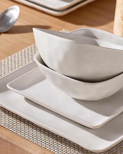 Famiware Dinnerware Sets for 8, Ocean Square 24-Piece Kitchen Plates and Bowls Sets, Microwave and Dishwasher Safe, Scratch Resistant, Matte White