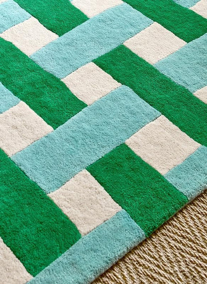 Emerald Green and Aquamarine Hand-Tufted Wool Area Rug 8x12 Ft – Modern Checkered Basketweave Carpet for Bedroom, Living Room, Nursery – Plush, Artistic, Durable