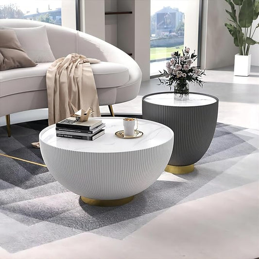 homary 2-Piece Round Coffee Table Set with Sintered Stone Top, Stainless Steel Base PU Leather Upholstery, Modern Drum-Shaped Coffee Table for Living Room