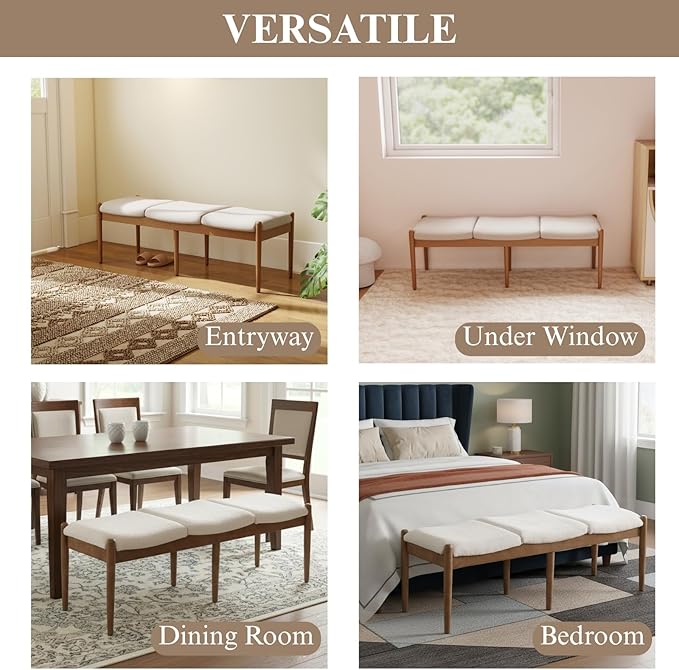 DUOMAY 55'' Modern Ottoman Bench, Chenille Upholstered Entryway Bench Bedroom Bench with Wood Legs, End of Bed Bench for Bedroom, Living Room, Corners, Kitchen, Beige