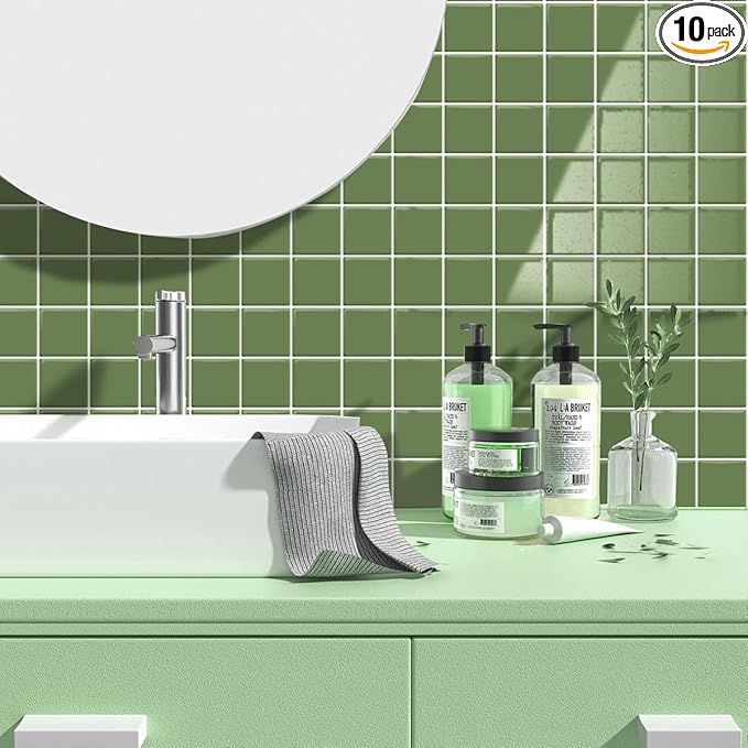 Alwayspon 10 Sheets 10"x10" Green 3D Vinyl Backsplash Tiles, Self-Adhesive Peel and Stick Wall Tile Stickers Stick on Subway Tiles for Kitchen Bathroom Wall
