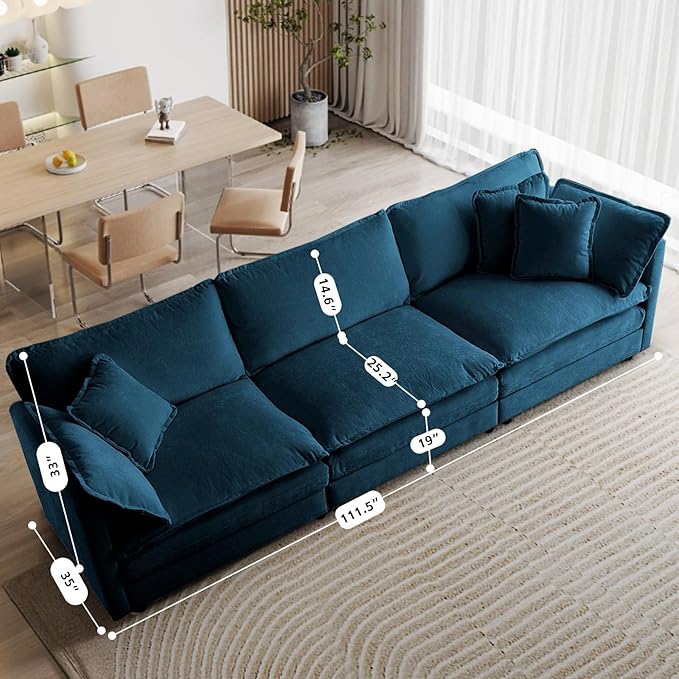 SoarFlash Chenille Sectional Sofa, Comfy Modular Loveseat Sofa, Modern 3-Seat Couch Deep Seat Sofa Set for Living Room,Deep Blue
