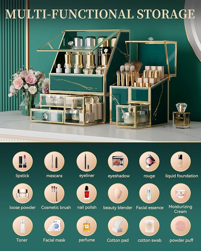 Makeup Organizer Green– Large Vanity Organizer for Skincare, Lipsticks, Perfume & Brushes – Countertop Cosmetic Storage Box for Women, Bathroom or Dresser.