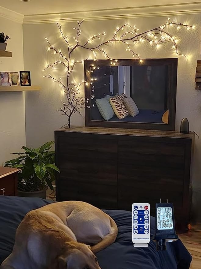 Lighted Willow Vine with Remote Control On/Off Timmer Dim,7.5Ft Christmas Swags Decorations Artificial Branches with 144LEDs Enchanted Vine Lights(Plug in) for Walls Bedroom Décor(1PCS)