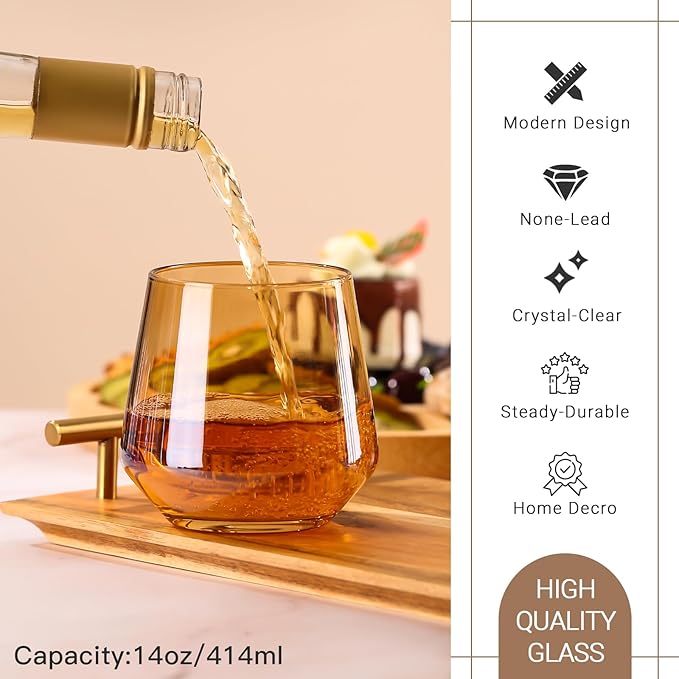 Physkoa Colored Stemless Wine Glasses Set of 6, Multi color Wine Glasses14oz,Diamond Shaped Cocktail Glass,Colorful Short Tumblers.Unique Drinkware for Home Party