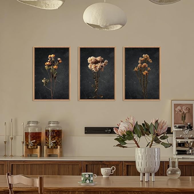 HOURIA Moody Boho Floral Framed Canvas Wall Art Set,Vintage Black Flower Wall Decor,Mid Century Minimalist Wildflower Artwork,Nature Retro Botanical Art Print for Living Room,Bedroom,Office- 24"x36"x3