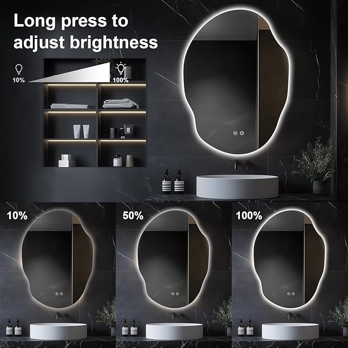 Asymmetrical LED Bathroom Mirror with Lights,Irregular Led Bathroom Vanity Mirror for Wall with Front and Backlit, Anti Fog, 3 Colors and Dimmable Light,[Horizontal/Vertical] 40" H x 30" W