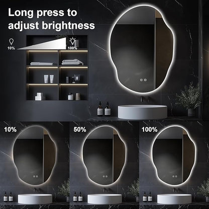 Asymmetrical LED Bathroom Mirror with Lights,Irregular Led Bathroom Vanity Mirror for Wall with Front and Backlit, Anti Fog, 3 Colors and Dimmable Light,[Horizontal/Vertical] 40" H x 30" W