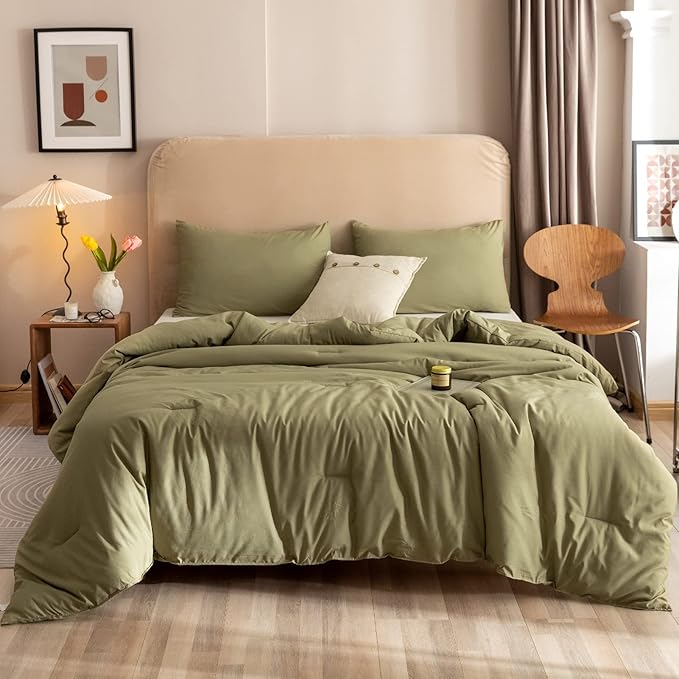 ROSGONIA Queen Comforter Set Olive Green, 3pcs Bedding Sets Queen (1 Boho Olive Comforter & 2 Pillowcases), All Season Lightweight Quilt