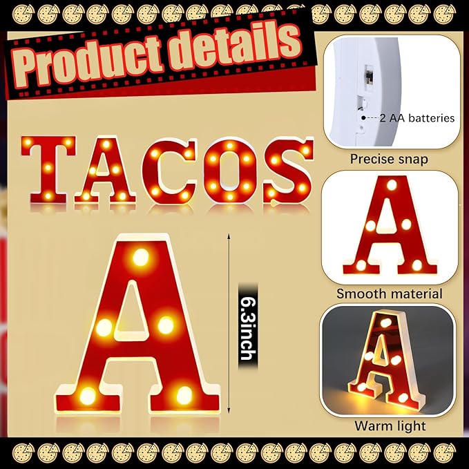 Tacos Light up Letters Sign Party Decorations Battery Powered Marquee Lighted Sign Alphabet LED Letter Lights for Christmas Tacos Bar Themed Party Birthday Home Tabletop Decor Supplies