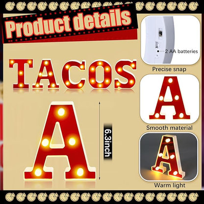 Tacos Light up Letters Sign Party Decorations Battery Powered Marquee Lighted Sign Alphabet LED Letter Lights for Christmas Tacos Bar Themed Party Birthday Home Tabletop Decor Supplies
