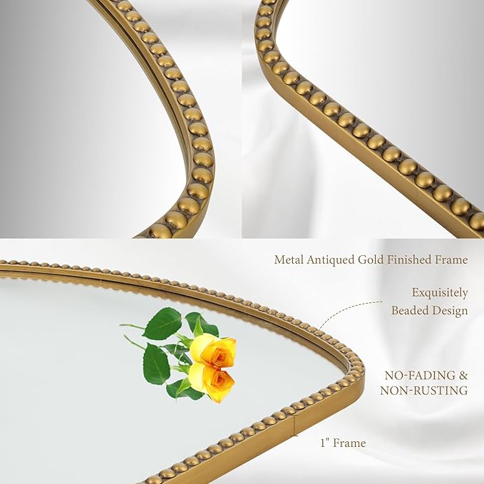 28"x36" Large Arch Wall Mirror, Decorative Beaded Frame Hanging Vanity Mirror for Dresser, Bathroom, Entryway, Bedroom, Mantel, Antique Gold