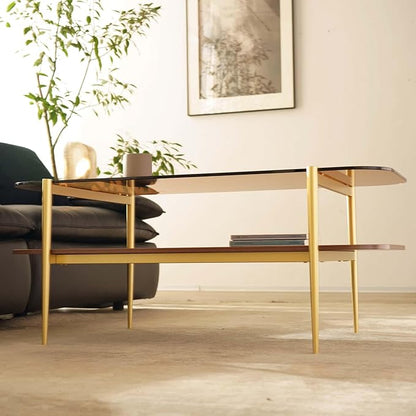 Saint Mossi Tadio Double Layer Glass Coffee Table for Living Room, Brown Glass & Coffee Brown MDF Bottom Shelf with Rounded Corners, L41xW21xH17