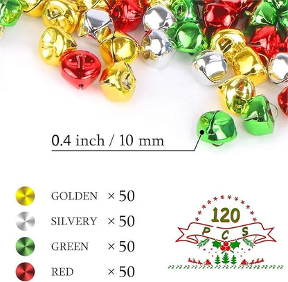 Augshy 120Pieces Jingle Bells 2/5 Inch Craft Bell Bulk for Christmas Home and Pet Decorations Xmas Decor Party Favors Supplies (Gold, Silver, Red, Green)