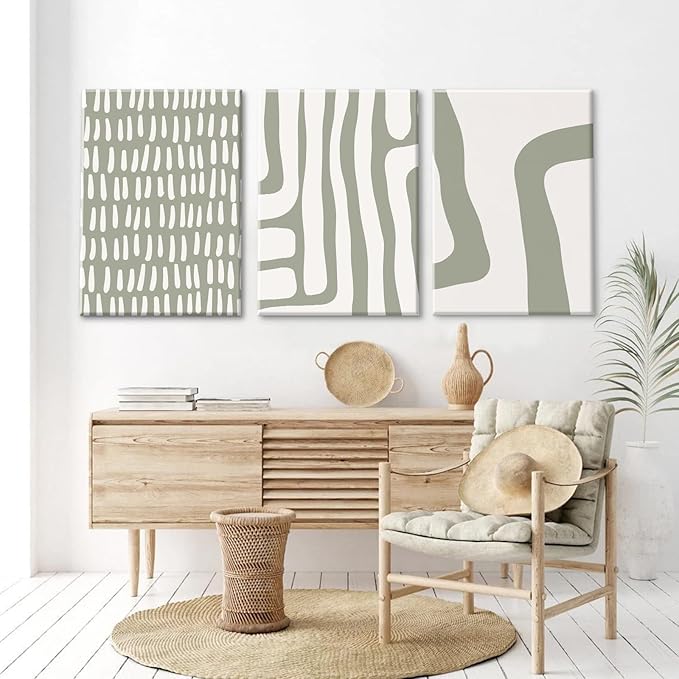 Minimalist Neutral Wall Art Decor Sage Green Boho Canvas Poster Abstract Modern Painting Wall Art Mid Century Beige Pictures Prints Gallery Line Wall Art for Bedroom 16x24 Inch Wrapped Canvas Set of 3