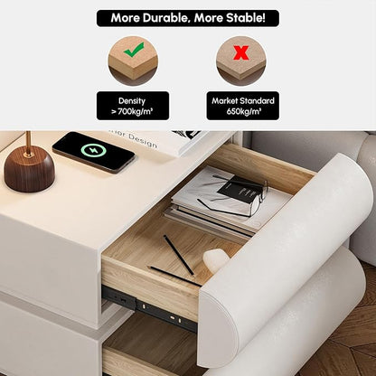 homary Smart Nightstand with Wireless Charging, USB & Type-C Ports – Modern White Faux Leather Nightstand with 2 Drawers, Bedside Table with Charging Station for Bedroom Living Room