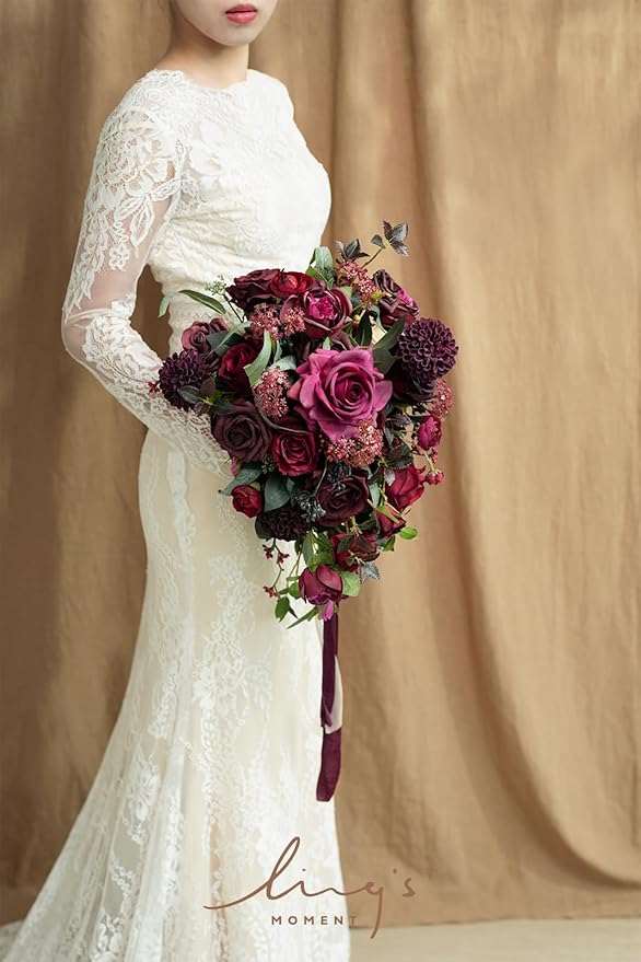 Ling's Moment Red Bridal Bouquet Cascading, Burgundy Wedding Bouquets for Bride, 13 Inch Bride Bouquets for Wedding Artificial Flowers Bouquets