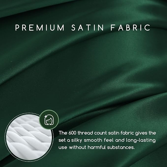 MR&HM Satin Bed Sheets, King Size Sheets Set, 6 Pcs Silky Bedding Set with 15 Inches Deep Pocket for Mattress (King, Dark Green)