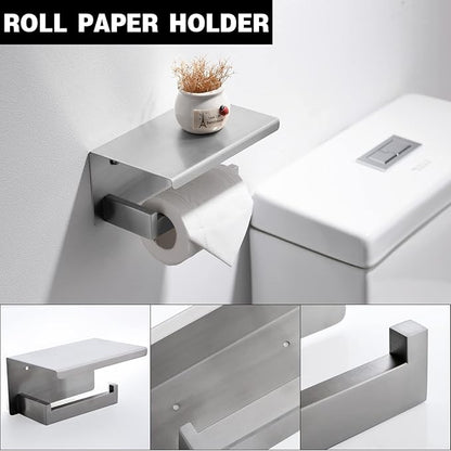 Brushed Nickel Bathroom Towel Bar Set Bathroom Accessories Hardware Set Including Towel Bar Towel Ring Coat Hook and Toilet Paper Holder with Shelf. Wall Mounted Stainless Steel