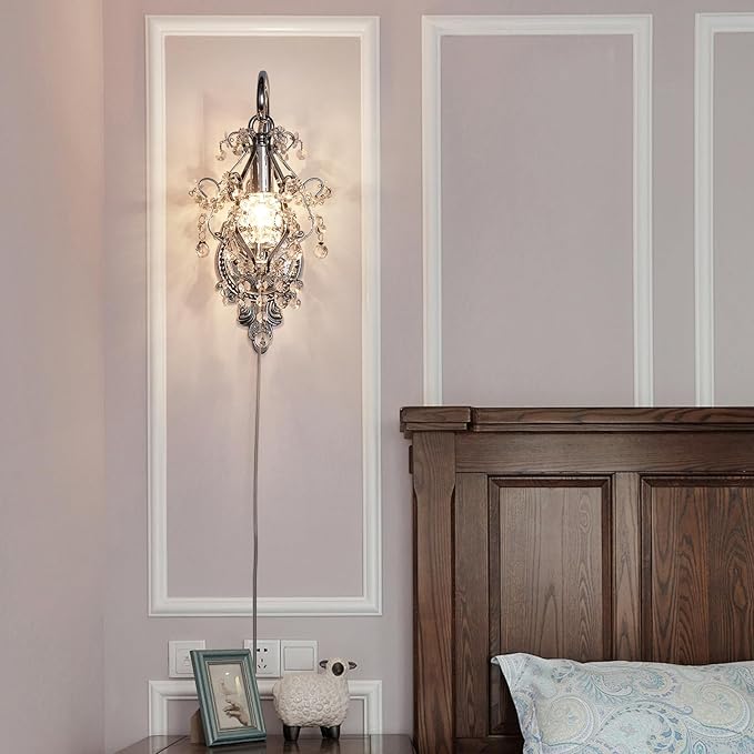 Silver Crystal Vintage Plug in Wall Sconces Set of 2 Indoor Wall Light Fixture, Modern Wall Mount Lamp Light for Bedroom Living Room Bathroom Vanity Light Hallway Light Fixture Decor LED E12