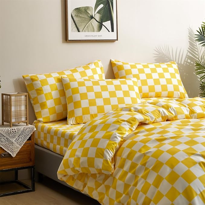 CLOTHKNOW Yellow Plaid Twin/Twin XL Comforter Set 3Pcs Checkerboard Grid Bedding Comforter Sets Yellow Grid Bed Comforter Sets