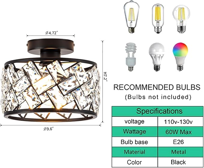 Crystal Ceiling Light Fixture, Modern Semi Flush Mount Ceiling Light,Crystal for Kitchen Bedroom Bathroom Entryway, Black Finish