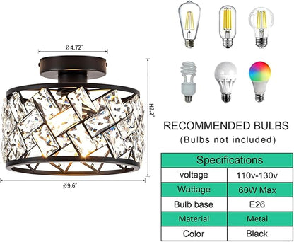 Crystal Ceiling Light Fixture, Modern Semi Flush Mount Ceiling Light,Crystal for Kitchen Bedroom Bathroom Entryway, Black Finish