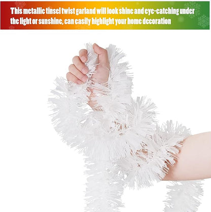 CANREVEL 4 Pieces 26.2 Ft Christmas Garland Metallic Shiny Twist Tinsel Garland Hanging Decorations for Christmas Tree, Mantle, Stairs Railing Decorations - White