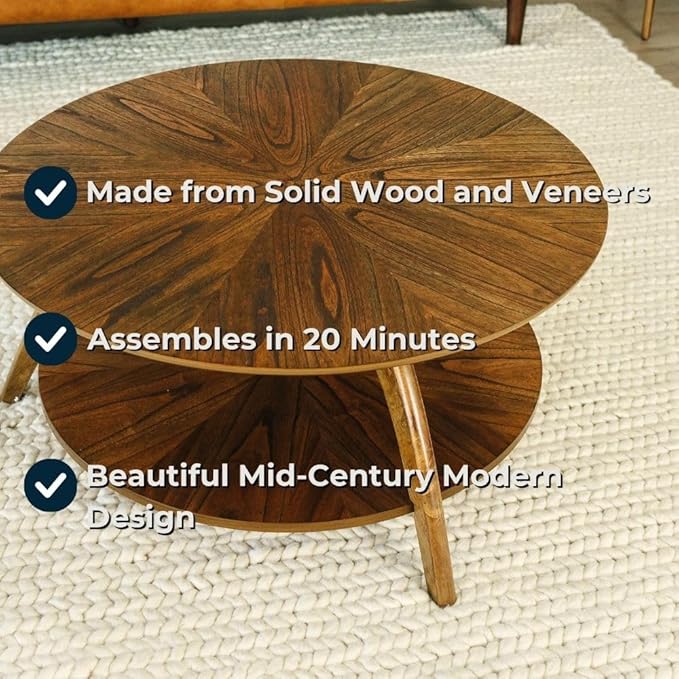 Martin Svensson Home Round Wood Retro Mid-Century Modern Round Wood Coffee Table with Lower Shelf, Cocktail Table for Living Room or Den. Nutmeg Brown.