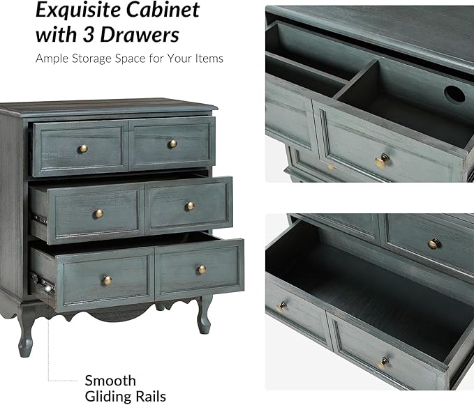 HULALA HOME 3 Drawer Nightstand with Charging Station Drawer Organizer with Wood Legs Farmhouse Solid Wood, Blue