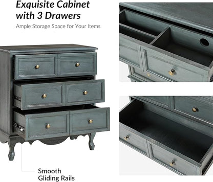 HULALA HOME 3 Drawer Nightstand with Charging Station Farmhouse Solid Wood Set of 2, Blue