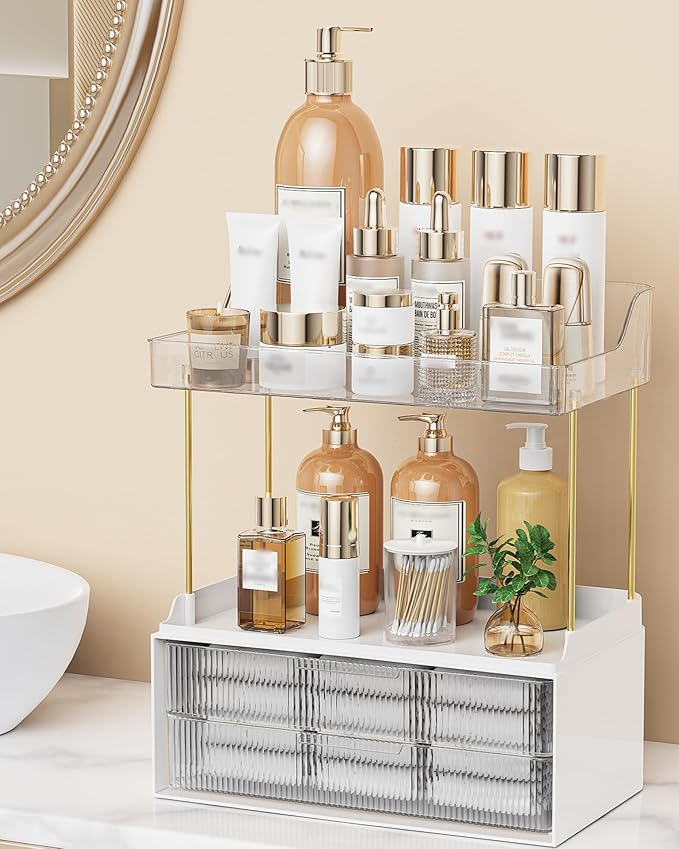 Bathroom Organizers and Storage, Makeup Organizer (Sturdy Durable Attractive), Ideal for Vanity, Countertop, Counter, Perfume, Skincare, Cabinet, Cosmetic, Dresser Organizer (white)