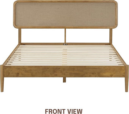 NTC Lupin Wooden Bed Frame with Headboard, Solid Oak and Rubber Wood Foundation with Silent Slats and Wood Central Supports, 1000 Lb Capacity, Queen - Teak Look