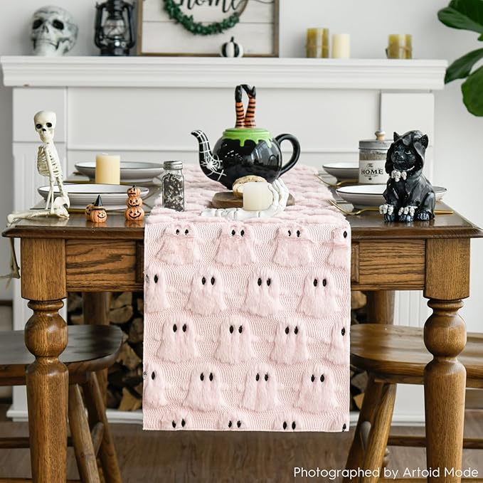 Artoid Mode Pink Ghost Soft Plush Faux Fur Jacquard Halloween Table Runner, Holiday Kitchen Dining Table Decoration for Home Party Decor 13x72 Inch